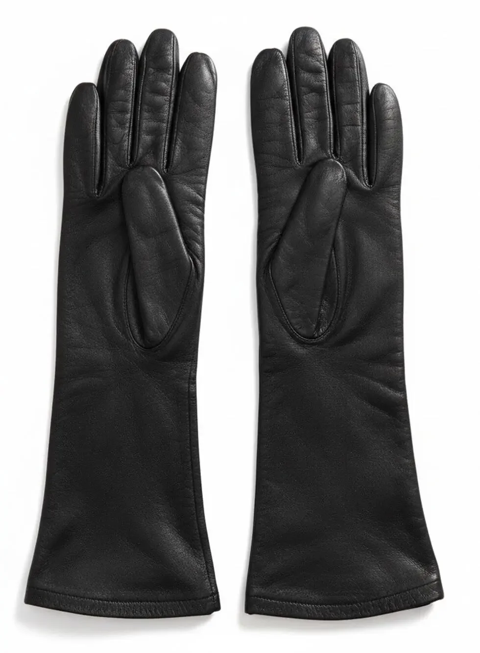 Vtg 50s Black REAL KIDSKIN Leather Gloves Sz 7 Belgium Opera Silk Lined Long 14”